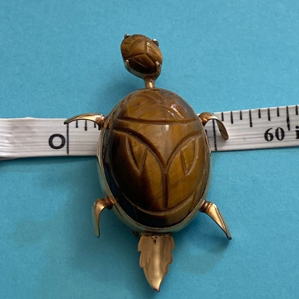 Vintage 60s 12K GF Tigers Eye Stone Carved Scarab Turtle Broach